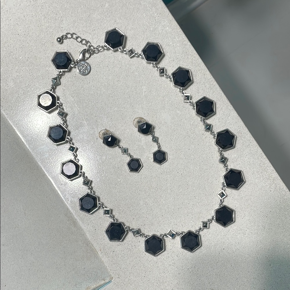 Elegant WHBM Black and Silver Necklace With Matching Earrings